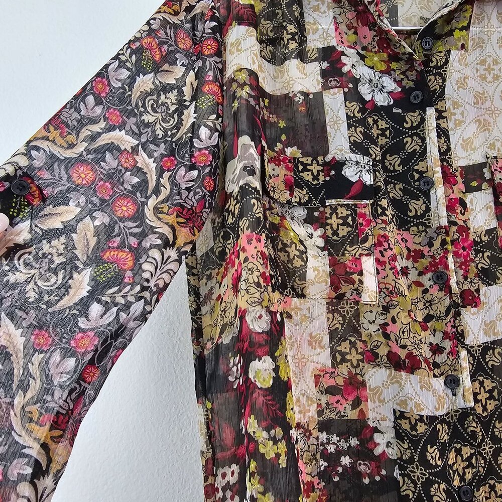 Band of Gypsies Womens Sz XS Sheer Floral Roll Tab Sleeve Blouse Casual Boho Top - Picture 9 of 12